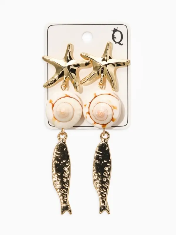 Серьги &laquo;Морской мир&raquo;, рыбки с ракушкой, белые в золоте