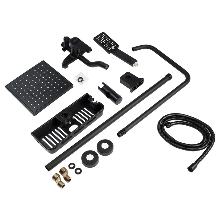 Душевая система ZEIN Z3862, смеситель, тропическая и ручная лейка, полка, латунь, черная Душевая система ZEIN Z3862, смеситель, тропическая и ручная лейка, полка, латунь, черная