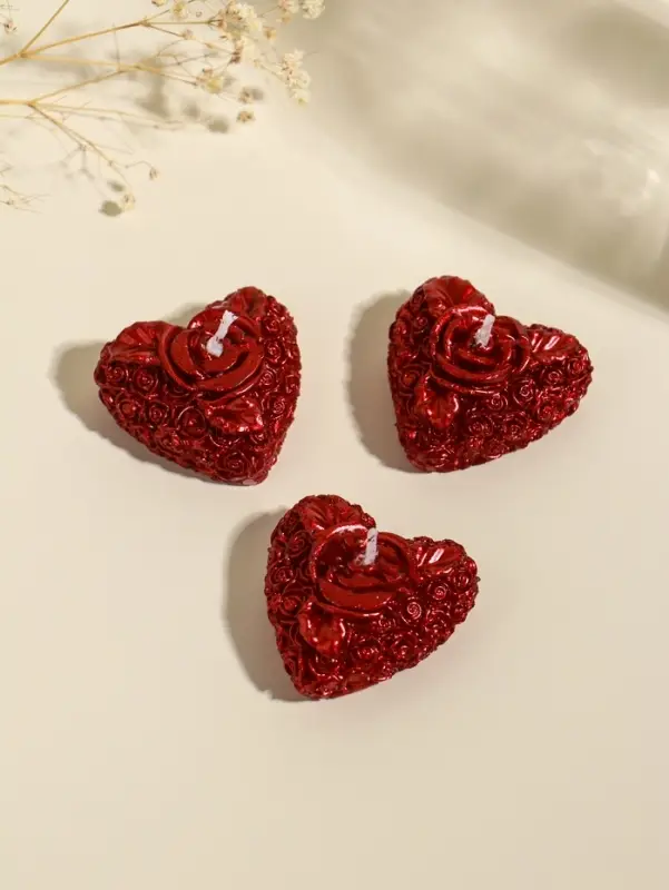 Набор свечей декоративных &laquo;Сердце с розой&raquo;, 3 шт., 5&times;2.5 см, красный