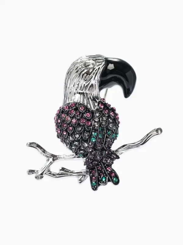 Брошь &laquo;Птица&raquo; какаду на ветке, цветная в серебре