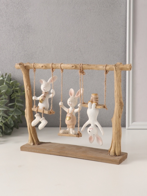 Сувенир полистоун Сувенир полистоун "Зайчата - три друга на качелях" белый с золотом 26х5,5х20 см