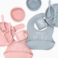 Детская посуда в наборе M&B: нагрудник, тарелка 2 шт., стакан, приборы, силикон, пыльная роза