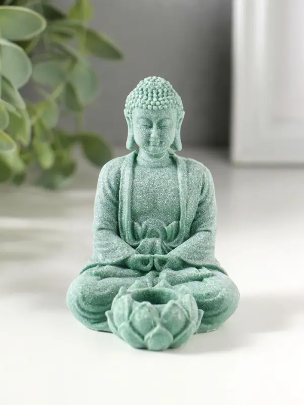 Подсвечник/подставка под конус полистоун "Будда и лотос" зелёный d=1,5 см 7,7х5,5х9 см