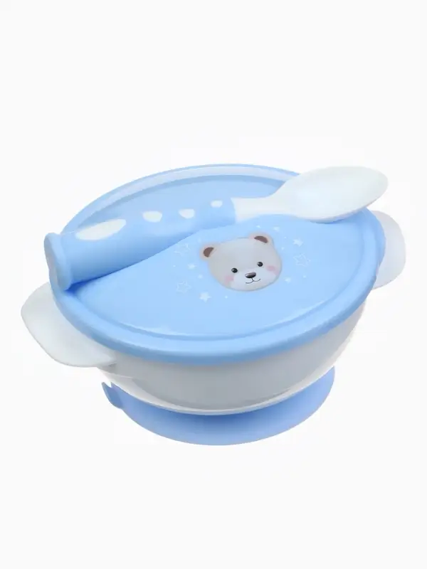 Тарелка на присоске из силикона M&B &laquo;Сладкий малыш&raquo;, в наборе крышка, ложка, голубой