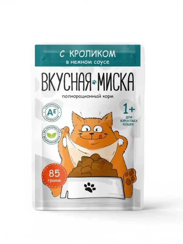 Влажный корм для кошек &laquo;Вкусная Миска&raquo;, кролик, консервированный, 85 г