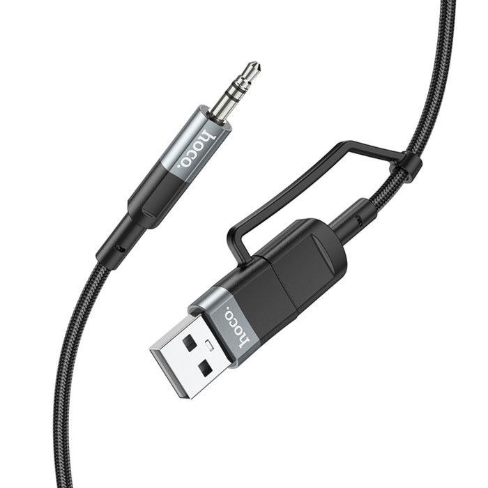 Кабель Hoco UPA23, 2 в 1, Type-C+USB - Jack 3.5 мм (m), 1 м, нейлон, серый Кабель Hoco UPA23, 2 в 1, Type-C+USB - Jack 3.5 мм (m), 1 м, нейлон, серый