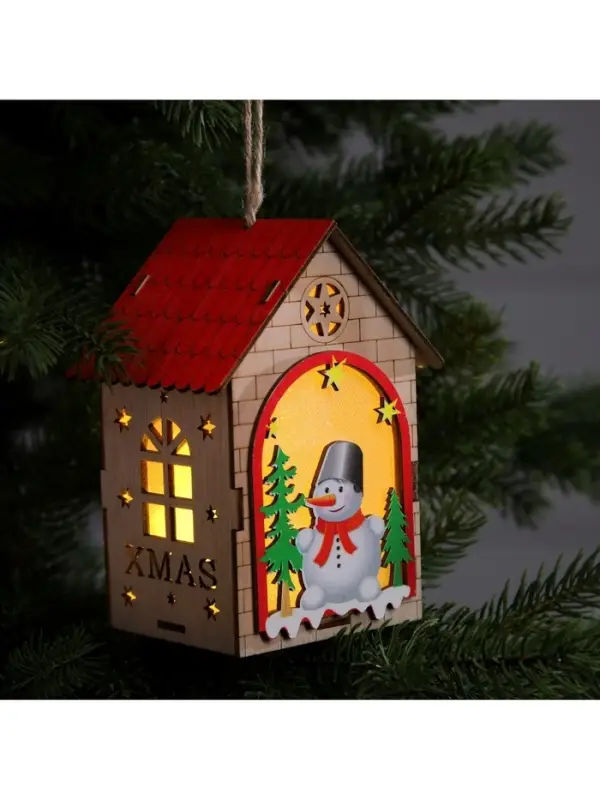 Ёлочная игрушка &laquo;Домик со снеговиком&raquo;, 14.5&times;11&times;8.5 см, 1 LED, от батареек, свечение тёплое белое