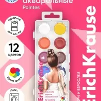 Акварель 12 цветов, ErichKrause Pointes, без кисти, пластиковая коробка, европодвес