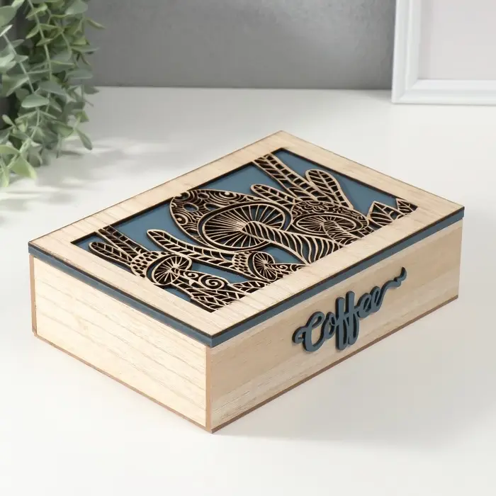 Шкатулка для чая 6 делений &laquo;Грибы&raquo;, дерево, бежево-синяя, 17&times;24&times;7 см