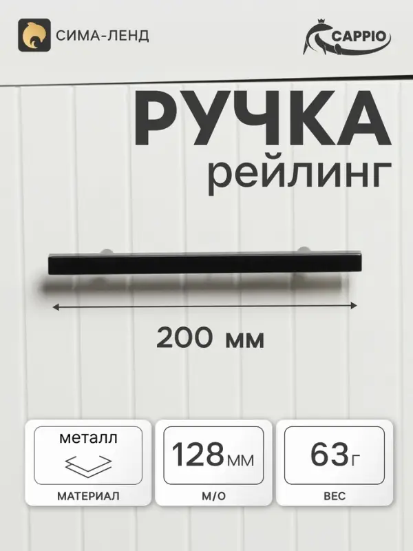 Ручка-рейлинг квадрат CAPPIO, м/о 128 мм, L=200 мм, цвет черный