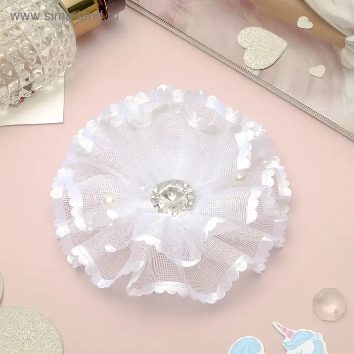 Резинка для волос бант «Школьница», волна страза, d=10 см, белая