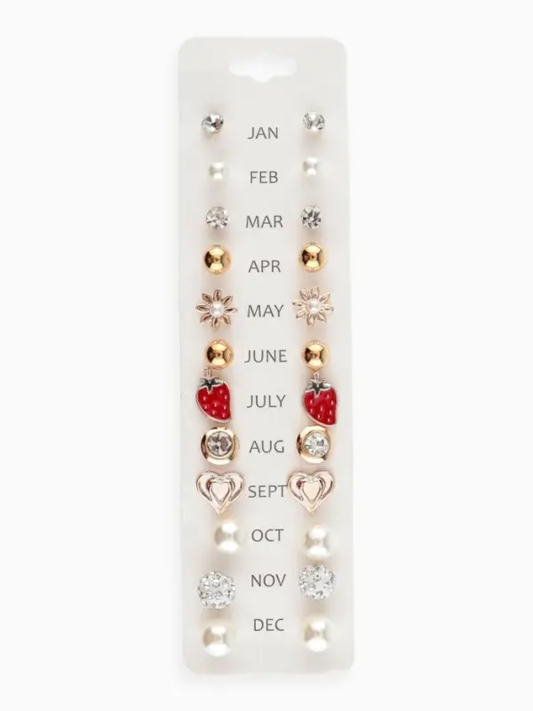 Серьги пусеты One year, 12 пар беззаботность, бело-красные в золоте