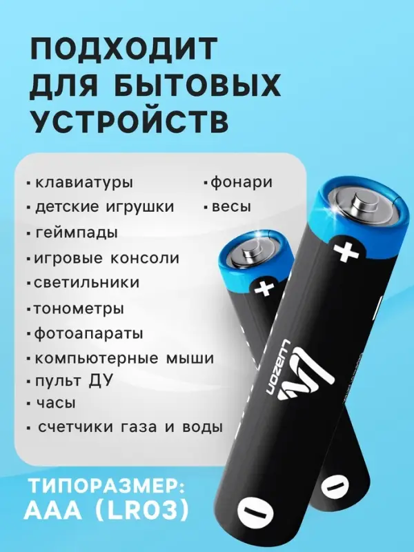 Батарейка алкалиновая (щелочная) Luazon, AAA, LR03, блистер, 4 штуки