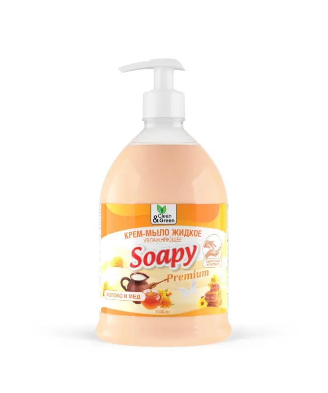 Крем-мыло жидкое "Soapy" Premium "молоко и мёд" увлажняющее с дозатором 1000 мл. Clean&Green CG8113