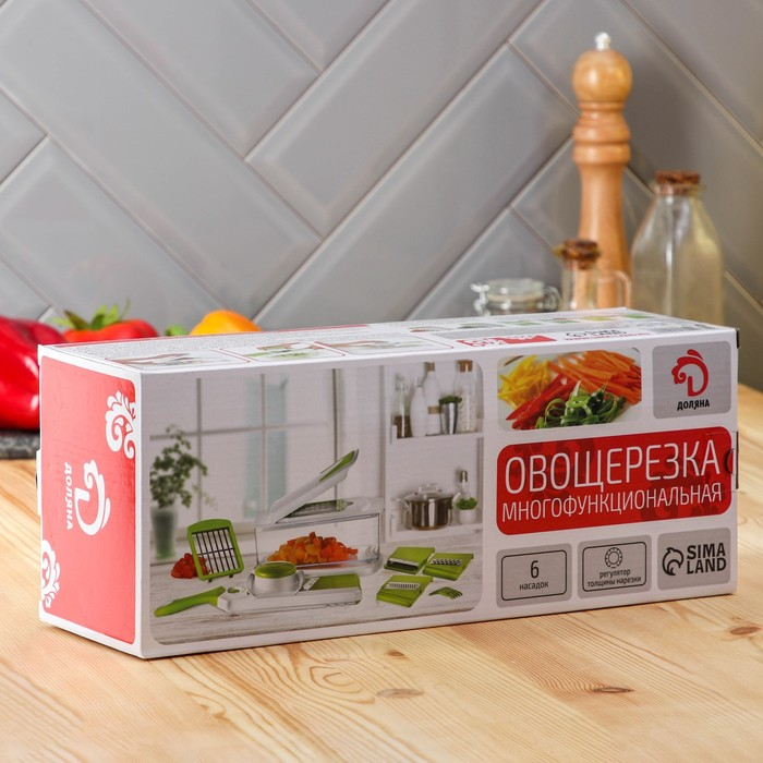Овощерезка - шинковка со сменными насадками и контейнером Доляна, 6 насадок, 14×12,5×38,1 см, цвет белый, зелёный Овощерезка - шинковка со сменными насадками и контейнером Доляна, 6 насадок, 14×12,5×38,1 см, цвет белый, зелёный