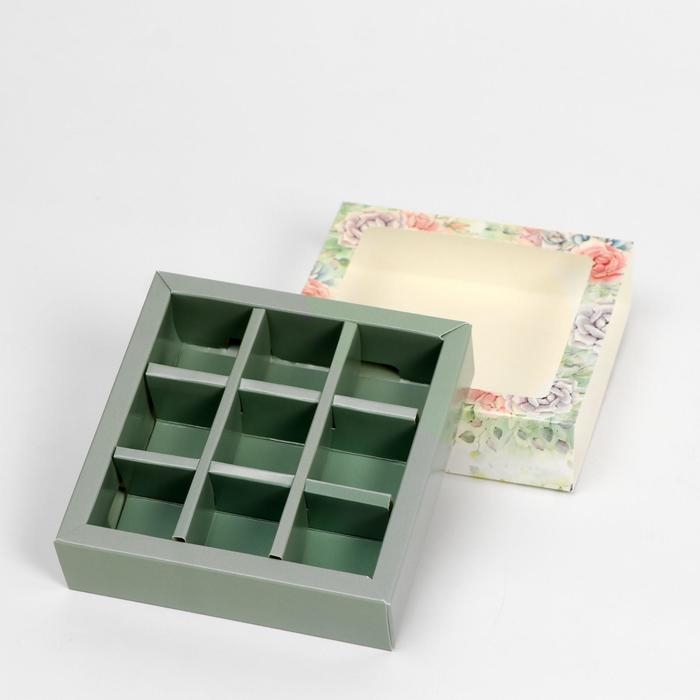 Коробка под 9 конфет с обечайкой  Коробка под 9 конфет с обечайкой "Rose" с окном, 14,5 х 14,5 х 3,5 см