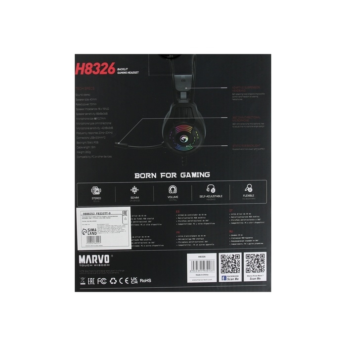 Наушники Marvo H8326, игровые, полноразмерные, микрофон, USB + 2*3.5mm, 1.8 м, RGB, чёрные Наушники Marvo H8326, игровые, полноразмерные, микрофон, USB + 2*3.5mm, 1.8 м, RGB, чёрные
