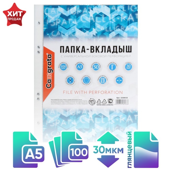 Файл-вкладыш А5, 30 мкм, Calligrata, глянцевый, вертикальный, 100 штук Файл-вкладыш А5, 30 мкм, Calligrata, глянцевый, вертикальный, 100 штук