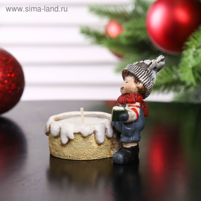 Сувенир полистоун подсвечник со свечой "Мальчик/Девочка в шапочке-зверька" МИКС 7,2х8х5,2 см