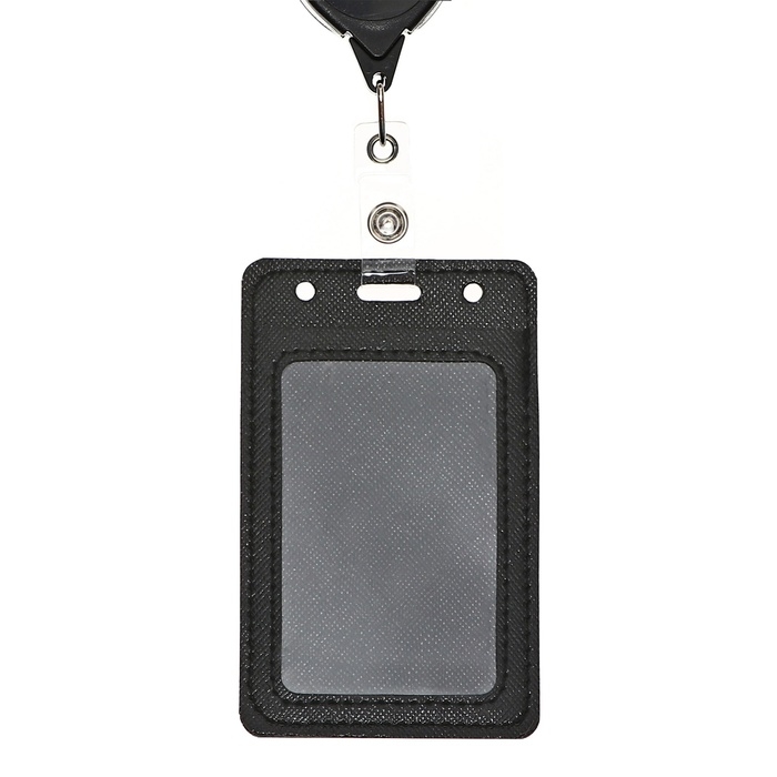 Бейдж-карман вертикальный кожзам, внешний 109x67мм, внутренний 85x54мм, рулетка 65см, черный.