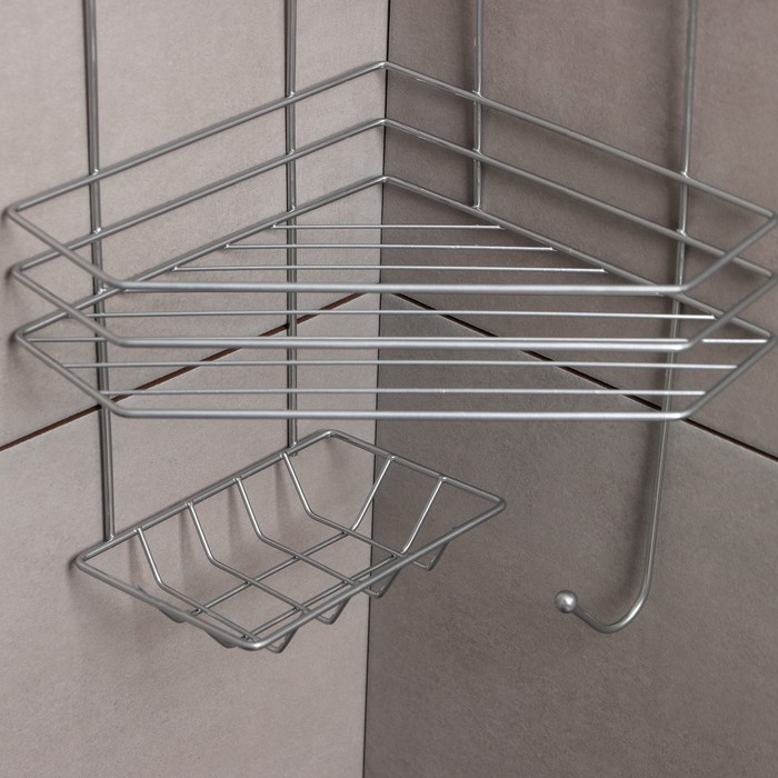 Полка угловая с мыльницей и вешалкой 2-х ярусная, 25,5×42,5 см, цвет хром