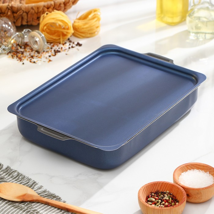 Противень прямоугольный, 23×30 см, h= 7 см, с крышкой, антипригарное покрытие, цвет синий Противень прямоугольный, 23×30 см, h= 7 см, с крышкой, антипригарное покрытие, цвет синий