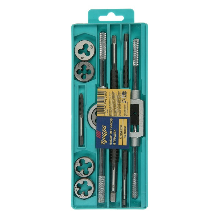 Набор метчиков и плашек ТУНДРА, М6 - М12, 12 предметов Набор метчиков и плашек ТУНДРА, М6 - М12, 12 предметов