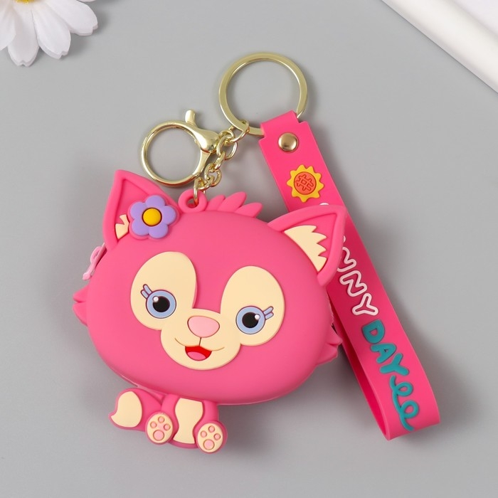 Брелок кошелёк с карабином, ремешком силикон Брелок кошелёк с карабином, ремешком силикон "Котёнок с цветочком" 3х8,5х8,3 см