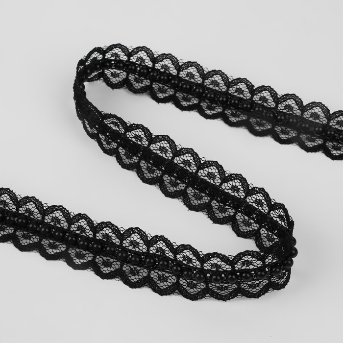 Рюш кружевной, с бусинами, 17 мм, 4,5 ± 0,5 м, цвет чёрный Рюш кружевной, с бусинами, 17 мм, 4,5 ± 0,5 м, цвет чёрный