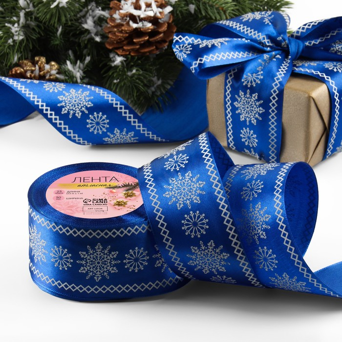 Лента атласная «Снежинки», 50 мм × 23 ± 1 м, цвет синий №122 Лента атласная «Снежинки», 50 мм × 23 ± 1 м, цвет синий №122