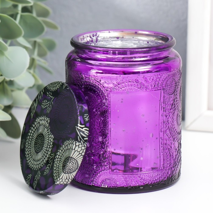 Банка для свечей стекло с крышкой "Цветочная" фиолет, цилиндр, гальваника 9х7х7 см