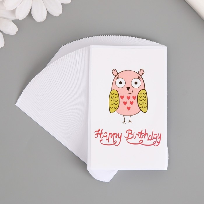 Наклейка бумага Наклейка бумага "С днем рождения. Сова с сердцами" набор 50 шт 8х5 см