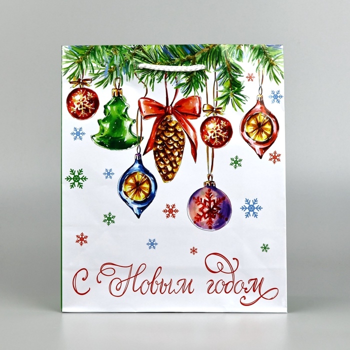 Пакет подарочный новогодний ламинированный «С Новым годом», ёлочные игрушки, ML 21 х 25 х 8 см