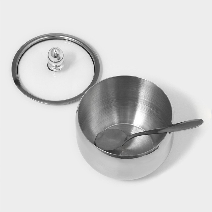 Сахарница из нержавеющей стали с крышкой и ложкой Доляна, 250 мл, 8,5×10 см, цвет серебряный Сахарница из нержавеющей стали с крышкой и ложкой Доляна, 250 мл, 8,5×10 см, цвет серебряный