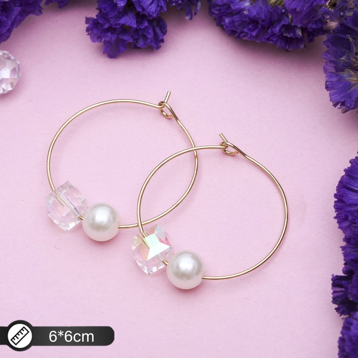 Серьги-кольца «Бусина» с ромбом, d=6 см, цвет белый в золоте Серьги-кольца «Бусина» с ромбом, d=6 см, цвет белый в золоте