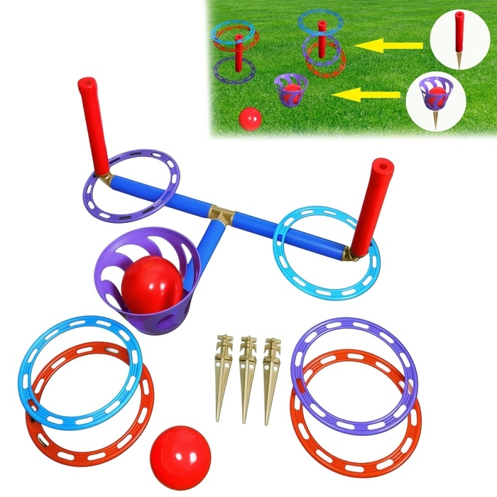 Игра Игра "Кольцеброс - шароброс": 2 стойки, 6 колец, корзинка, 2 мяча, клин - 3 шт