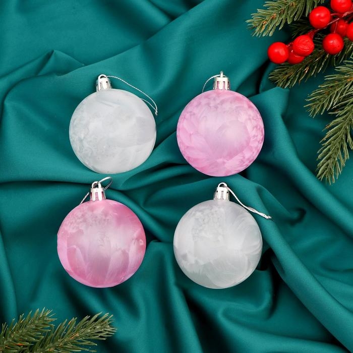 Набор шаров пластик d-6 см, 4 шт Набор шаров пластик d-6 см, 4 шт "Глэдис туман" бело-розовый