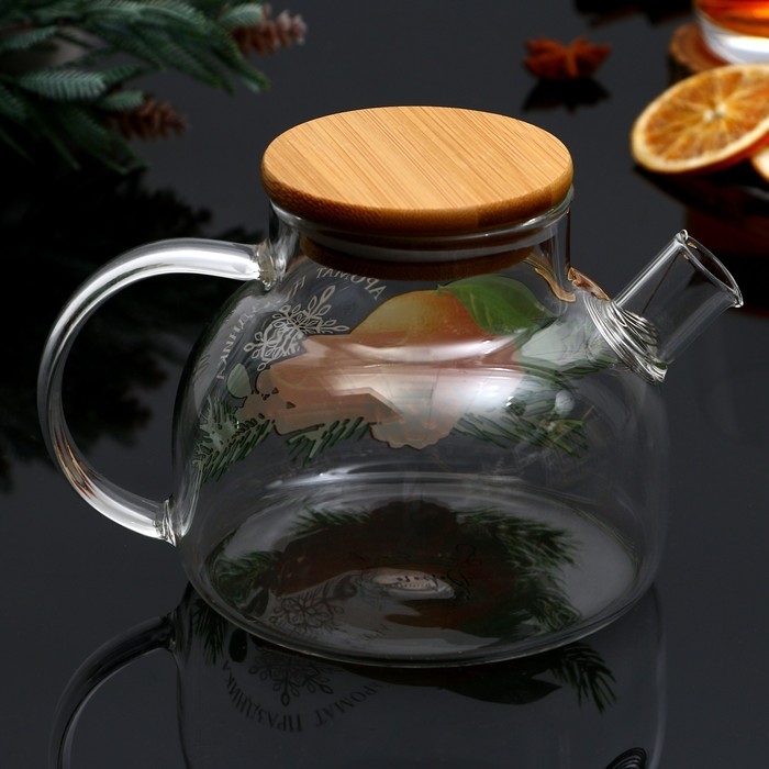 Новый год. Чайник заварочный стеклянный с бамбуковой крышкой «Аромат праздника», 600 мл Новый год. Чайник заварочный стеклянный с бамбуковой крышкой «Аромат праздника», 600 мл