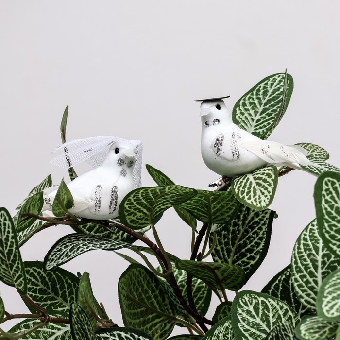 Набор птичек для декора и флористики, на прищепке, пластиковая, белый, 2 шт., 13 х 3 х 3 см