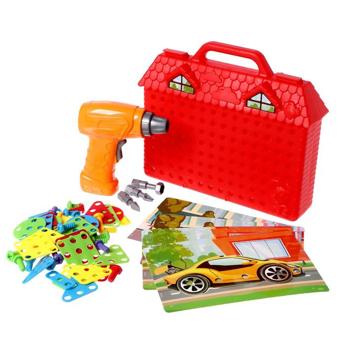 Конструктор в чемоданчике «Крутые гонки», с электрическим шуруповёртом, 4 карточки, 57 деталей Конструктор в чемоданчике «Крутые гонки», с электрическим шуруповёртом, 4 карточки, 57 деталей