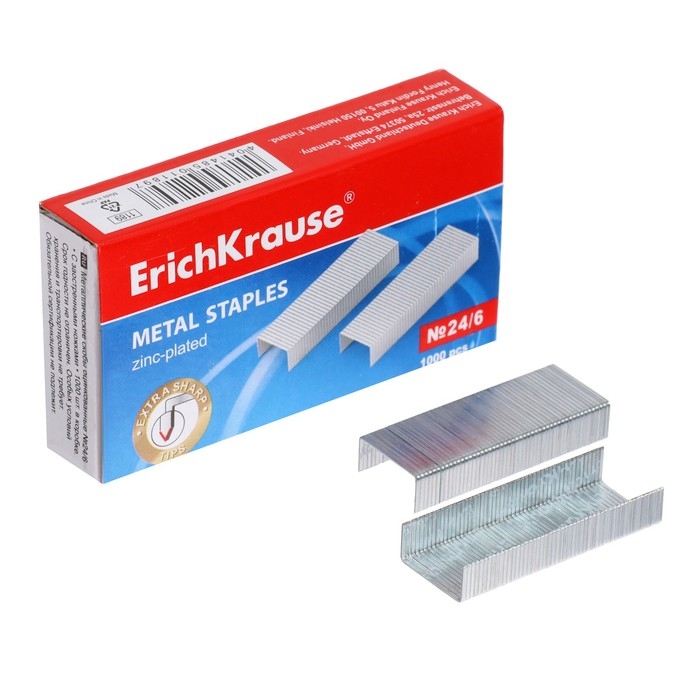 Скобы для степлера ErichKrause № 24/6, 1000 штук, заточенные с усиленной пробивной способностью Скобы для степлера ErichKrause № 24/6, 1000 штук, заточенные с усиленной пробивной способностью