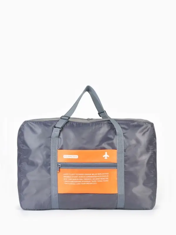 Сумка дорожная на молнии, складная в косметичку, наружный карман, держатель для чемодана, серая, оранжевая