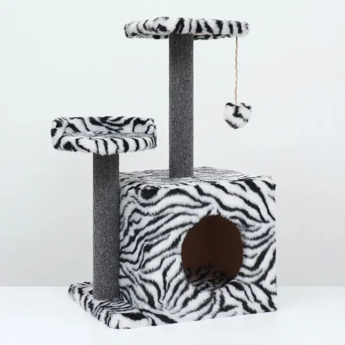 Домик для кошек с когтеточкой, 35&times;45&times;75 см, квадратный, 3х-этажный, ковролин, белый, чёрный