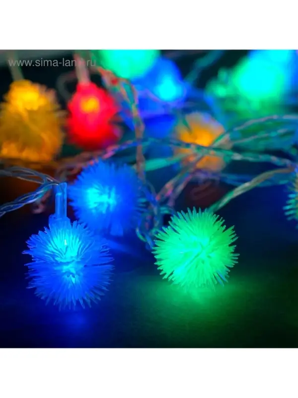 Гирлянда &laquo;Нить&raquo; 5 м с насадками &laquo;Ёжики цветные&raquo;, IP20, прозрачная нить, 30 LED, свечение мульти, 8 режимов, 220 В