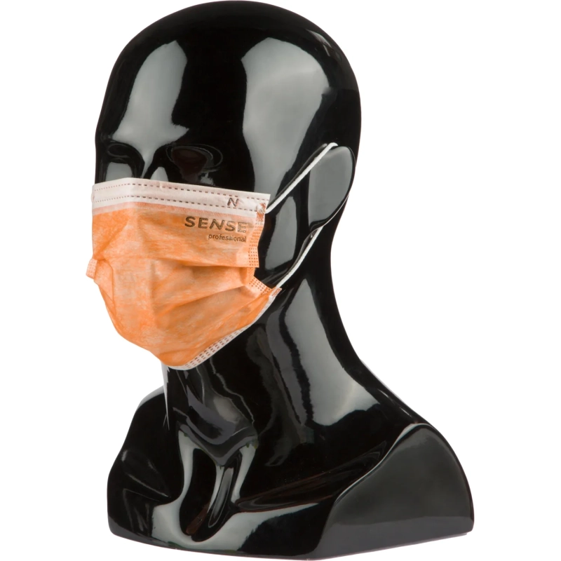 Маска медицинская 3-х сл., резинка, оранжевый, Sense, картон 50шт/уп