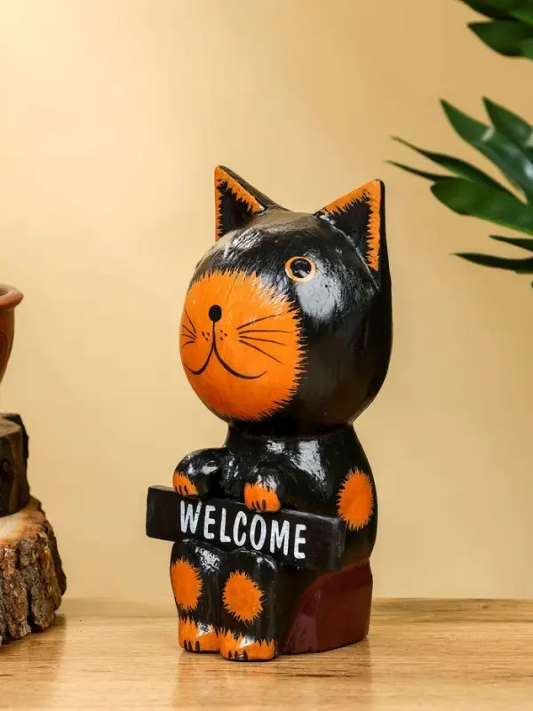 Сувенир  Сувенир "Кот с табличкой WELCOME" дерево 10х7х16 см, цв. чёрно-рыжий