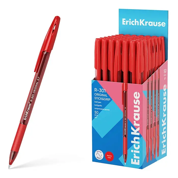 Ручка шариковая ErichKrause R-301 Stick&Grip Original, узел 1.0 мм, чернила красные, резиновый держатель, длина линии письма 2000 метров Ручка шариковая ErichKrause R-301 Stick&Grip Original, узел 1.0 мм, чернила красные, резиновый держатель, длина линии письма 2000 метров
