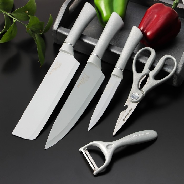 Набор кухонных принадлежностей Blades, 5 предметов: 3 ножа, овощечистка, ножницы в комплекте, цвет белый Набор кухонных принадлежностей Blades, 5 предметов: 3 ножа, овощечистка, ножницы в комплекте, цвет белый