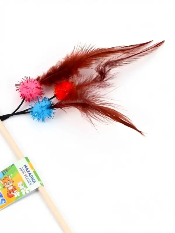 Дразнилка - удочка &laquo;Салют из перьев с шариками&raquo;, на деревянной палочке, с бубенчиком