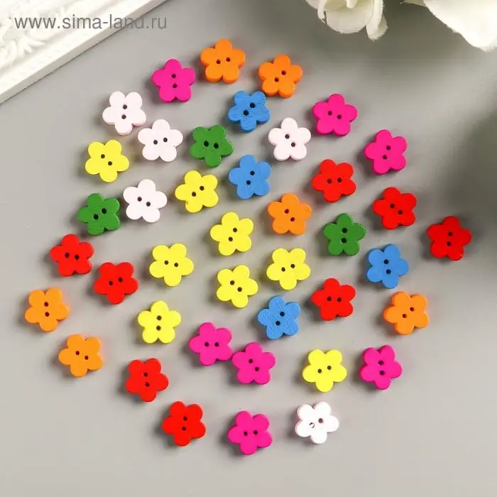 Пуговицы дерево для творчества 2 прокола "Цветочки" набор 40 шт 1,1х1,1 см